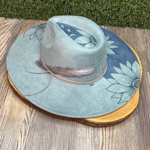 Custom Burned & Painted Baby Denim Blue Wide Brim Hat Suede Felt Sunflowers main image 6